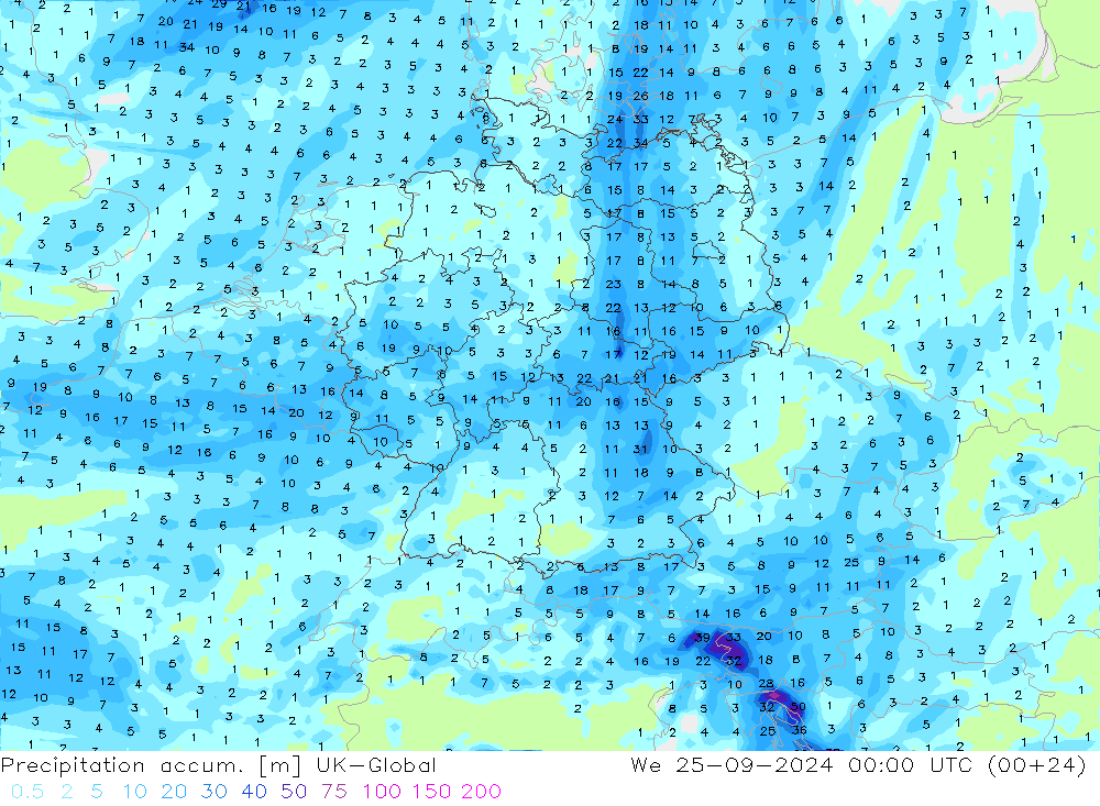 Toplam Yağış UK-Global Çar 25.09.2024 00 UTC