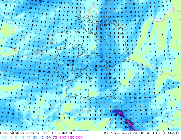 Precipitation accum. UK-Global We 25.09.2024 06 UTC