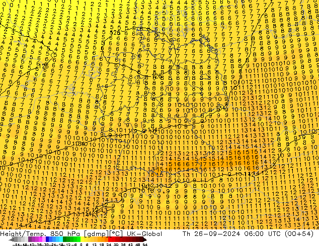 Geop./Temp. 850 hPa UK-Global jue 26.09.2024 06 UTC