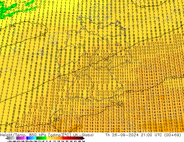 Height/Temp. 850 hPa UK-Global Čt 26.09.2024 21 UTC