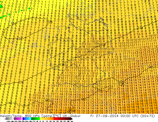 Geop./Temp. 850 hPa UK-Global vie 27.09.2024 00 UTC