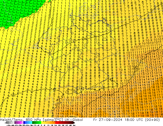 Hoogte/Temp. 850 hPa UK-Global vr 27.09.2024 18 UTC