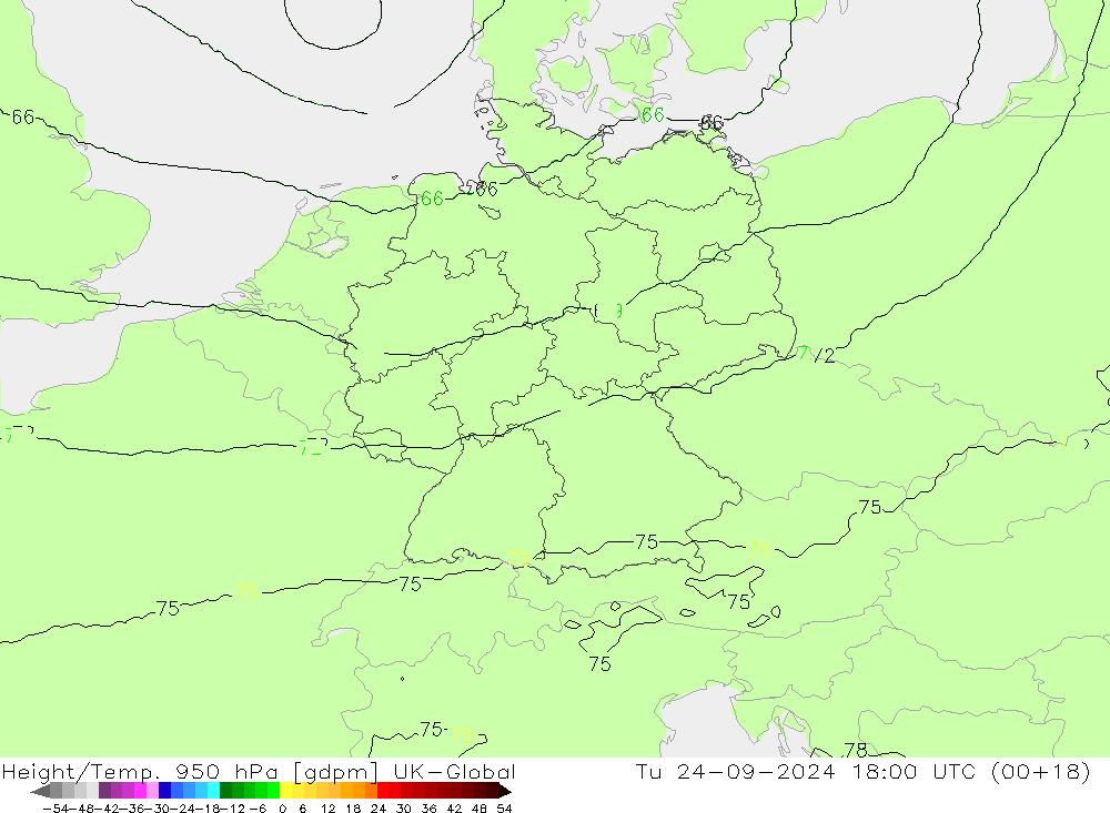 Height/Temp. 950 гПа UK-Global вт 24.09.2024 18 UTC