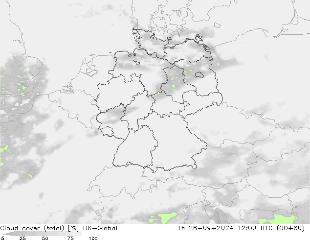 Cloud cover (total) UK-Global Čt 26.09.2024 12 UTC