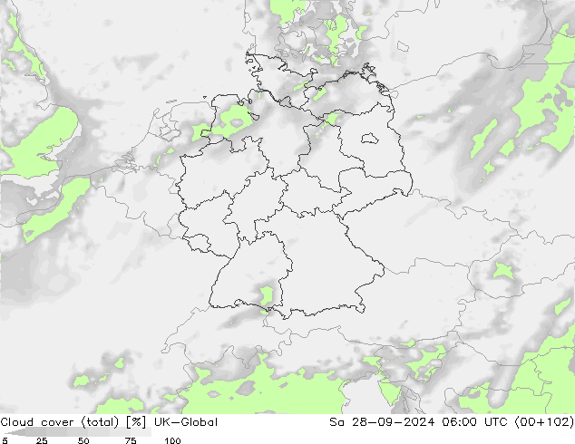 Cloud cover (total) UK-Global So 28.09.2024 06 UTC