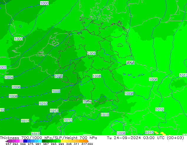 Thck 700-1000 hPa UK-Global  24.09.2024 03 UTC