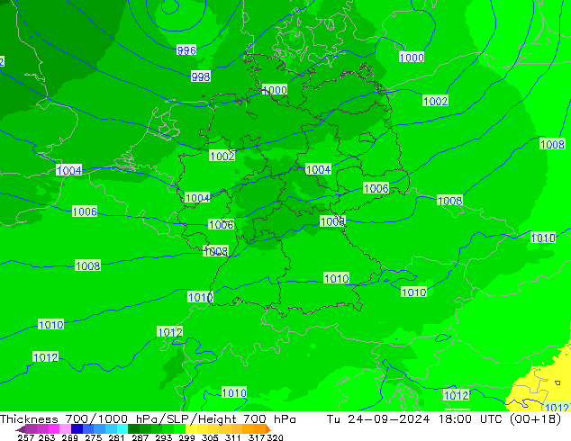 Thck 700-1000 hPa UK-Global Tu 24.09.2024 18 UTC