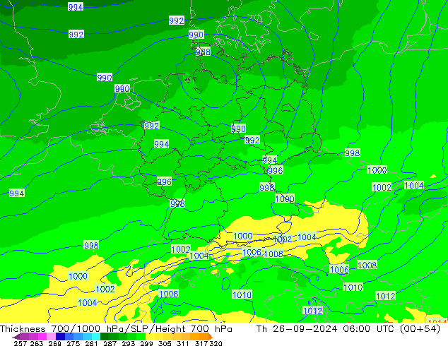 Thck 700-1000 гПа UK-Global чт 26.09.2024 06 UTC