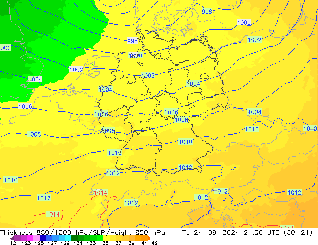 Thck 850-1000 hPa UK-Global Tu 24.09.2024 21 UTC