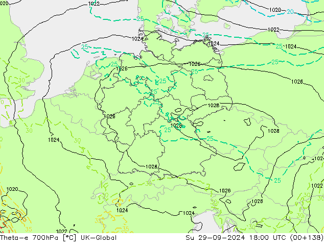 Theta-e 700hPa UK-Global dom 29.09.2024 18 UTC
