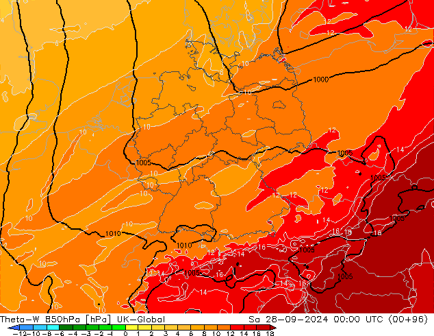 Theta-W 850hPa UK-Global Sáb 28.09.2024 00 UTC