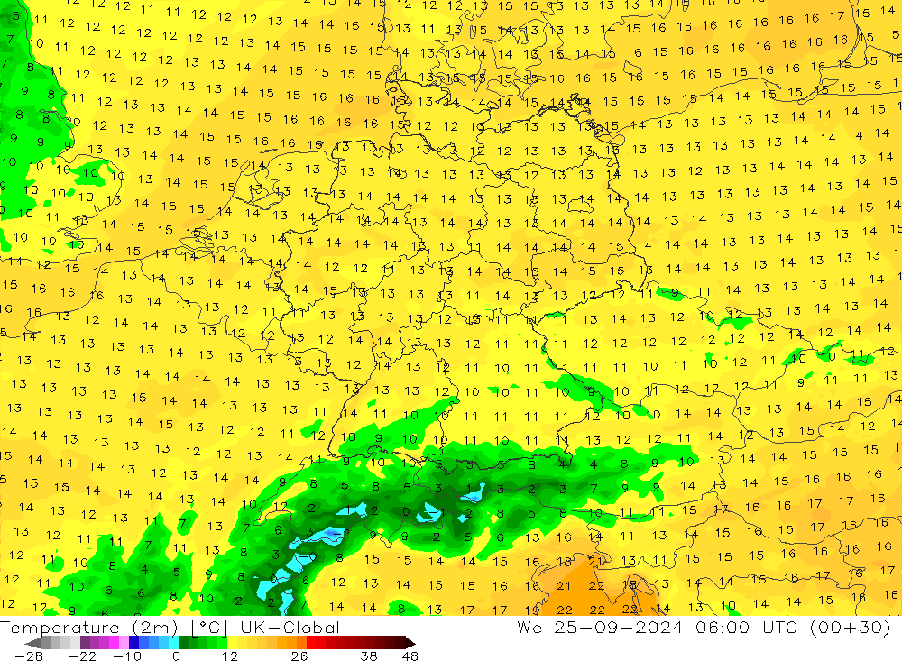 Temperaturkarte (2m) UK-Global Mi 25.09.2024 06 UTC