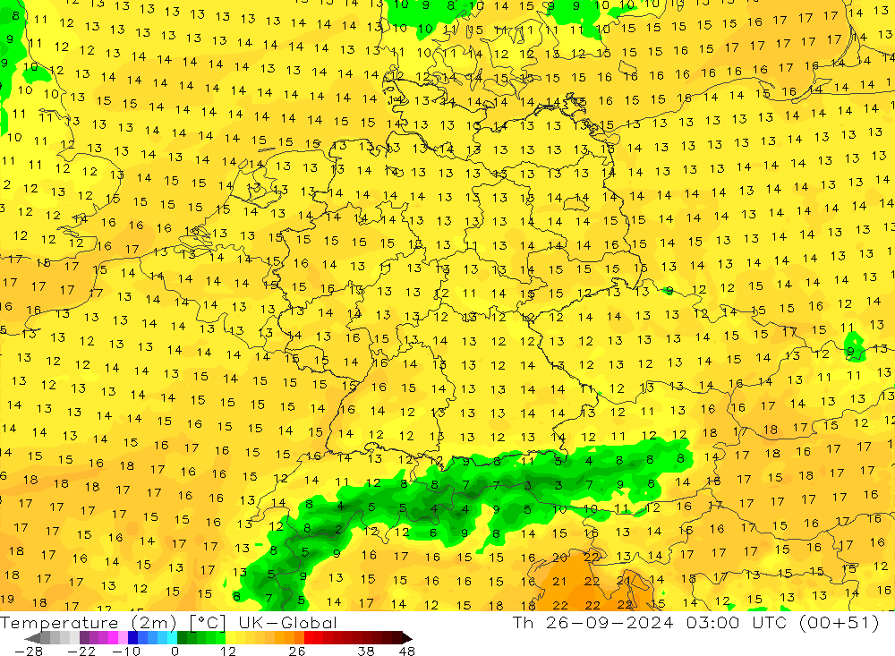 Temperatura (2m) UK-Global Qui 26.09.2024 03 UTC