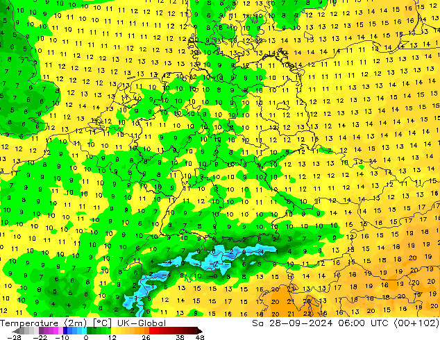 Temperatura (2m) UK-Global sáb 28.09.2024 06 UTC