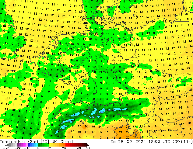 mapa temperatury (2m) UK-Global so. 28.09.2024 18 UTC