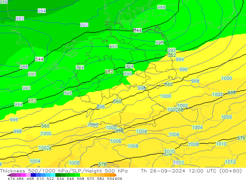 Thck 500-1000hPa UK-Global Čt 26.09.2024 12 UTC