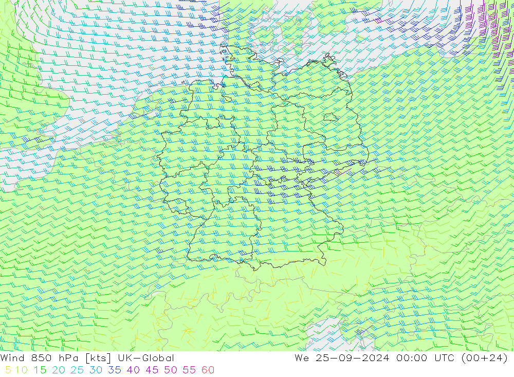 风 850 hPa UK-Global 星期三 25.09.2024 00 UTC