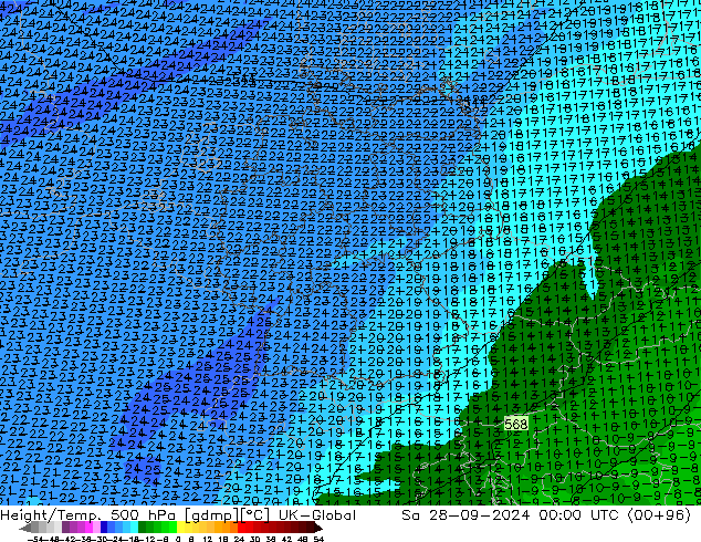 Height/Temp. 500 гПа UK-Global сб 28.09.2024 00 UTC