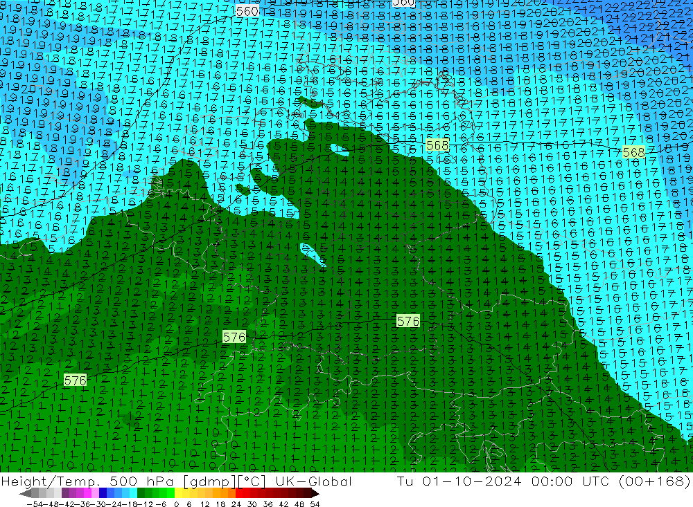 Height/Temp. 500 гПа UK-Global вт 01.10.2024 00 UTC