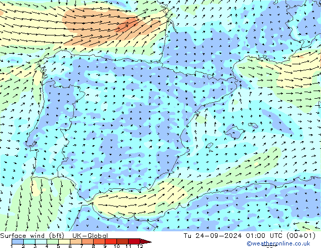 Viento 10 m (bft) UK-Global mar 24.09.2024 01 UTC