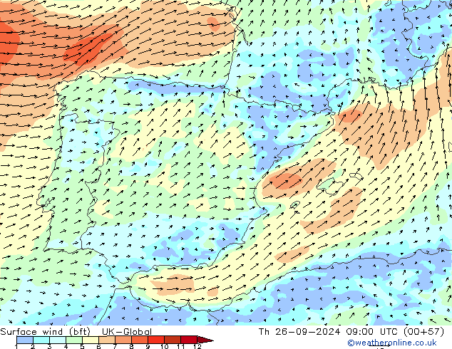 Surface wind (bft) UK-Global Th 26.09.2024 09 UTC