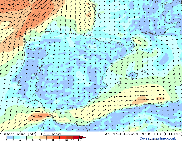 Viento 10 m (bft) UK-Global lun 30.09.2024 00 UTC