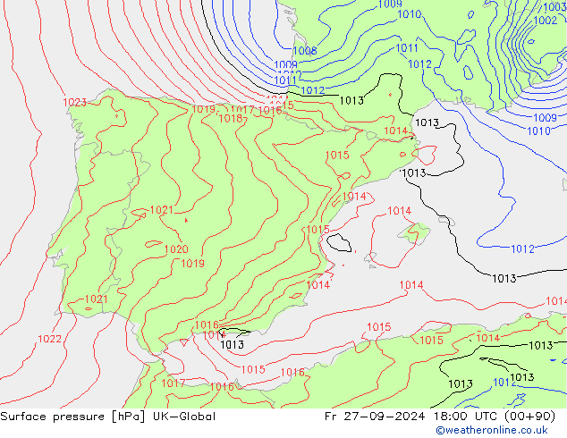 Surface pressure UK-Global Fr 27.09.2024 18 UTC