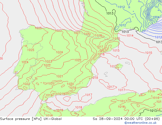 Pressione al suolo UK-Global sab 28.09.2024 00 UTC