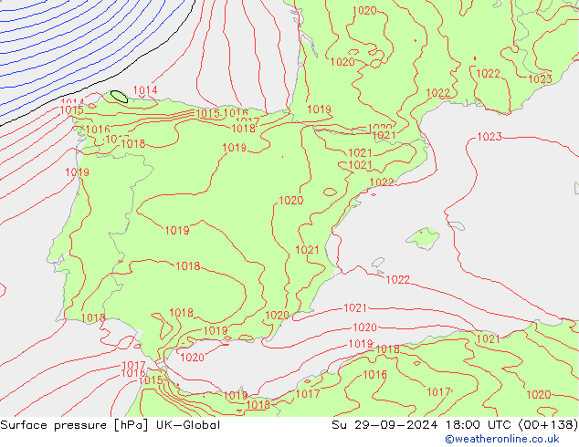 Surface pressure UK-Global Su 29.09.2024 18 UTC