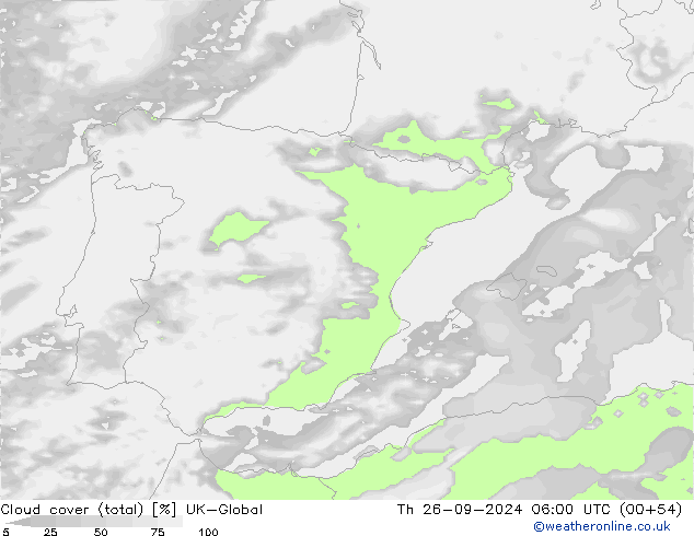 Bewolking (Totaal) UK-Global do 26.09.2024 06 UTC