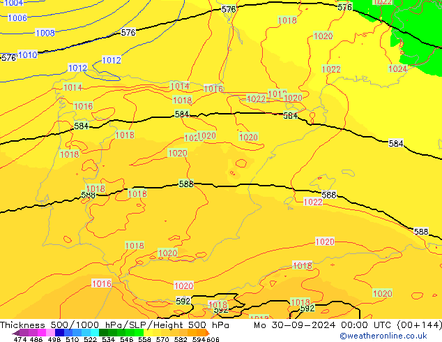 Thck 500-1000hPa UK-Global pon. 30.09.2024 00 UTC