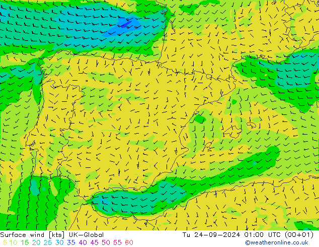 Viento 10 m UK-Global mar 24.09.2024 01 UTC