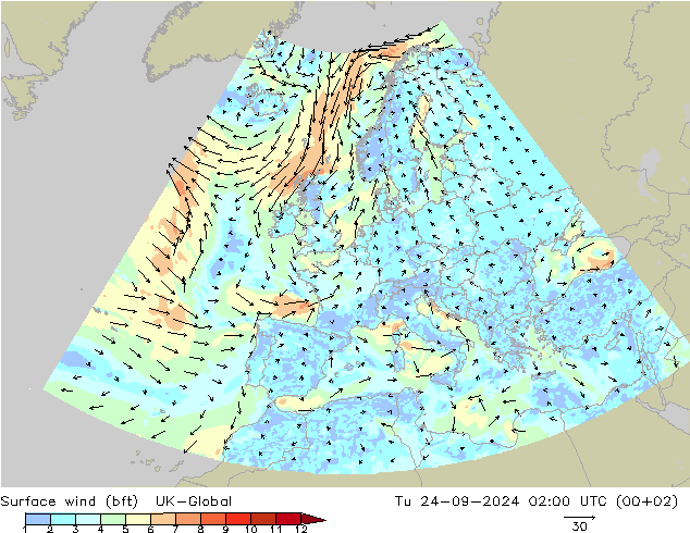 Vent 10 m (bft) UK-Global mar 24.09.2024 02 UTC
