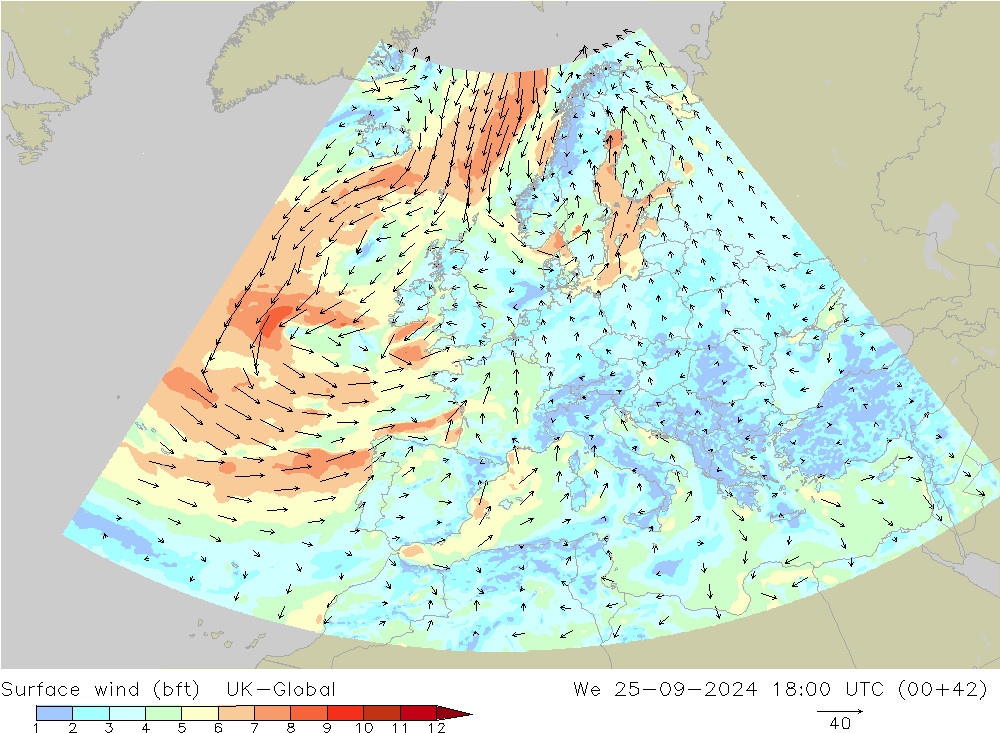 Surface wind (bft) UK-Global We 25.09.2024 18 UTC