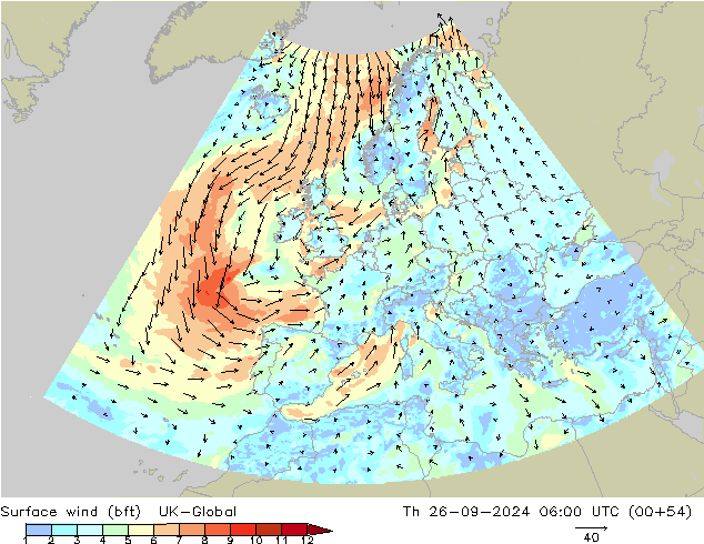 Surface wind (bft) UK-Global Th 26.09.2024 06 UTC