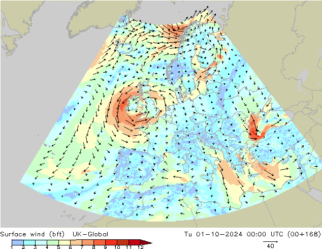 Surface wind (bft) UK-Global Út 01.10.2024 00 UTC