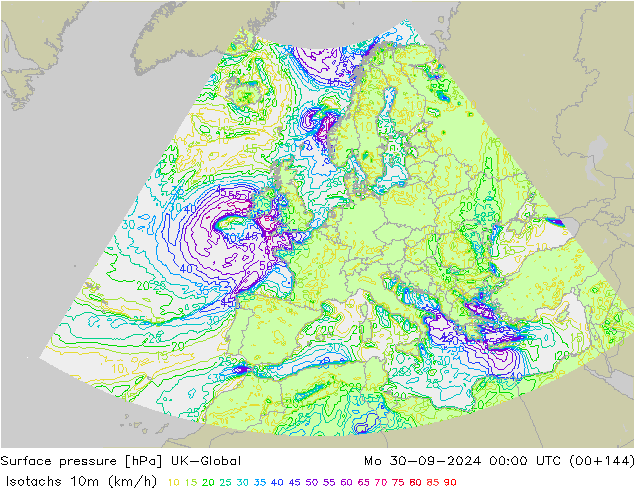 Isotachen (km/h) UK-Global Mo 30.09.2024 00 UTC