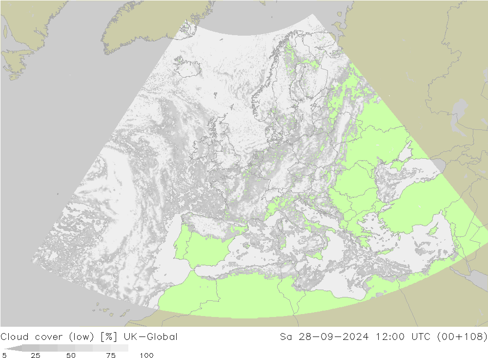 Cloud cover (low) UK-Global Sa 28.09.2024 12 UTC