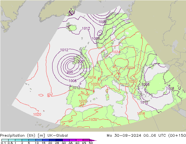 Totale neerslag (6h) UK-Global ma 30.09.2024 06 UTC