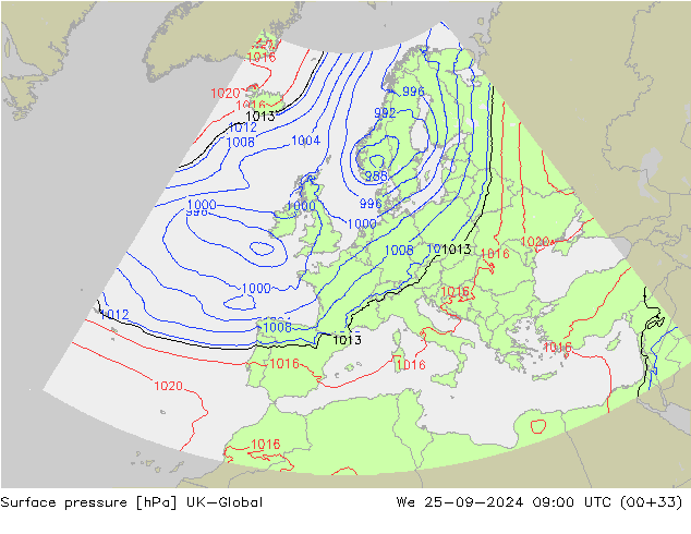 Atmosférický tlak UK-Global St 25.09.2024 09 UTC