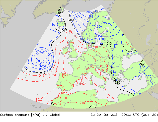 Pressione al suolo UK-Global dom 29.09.2024 00 UTC