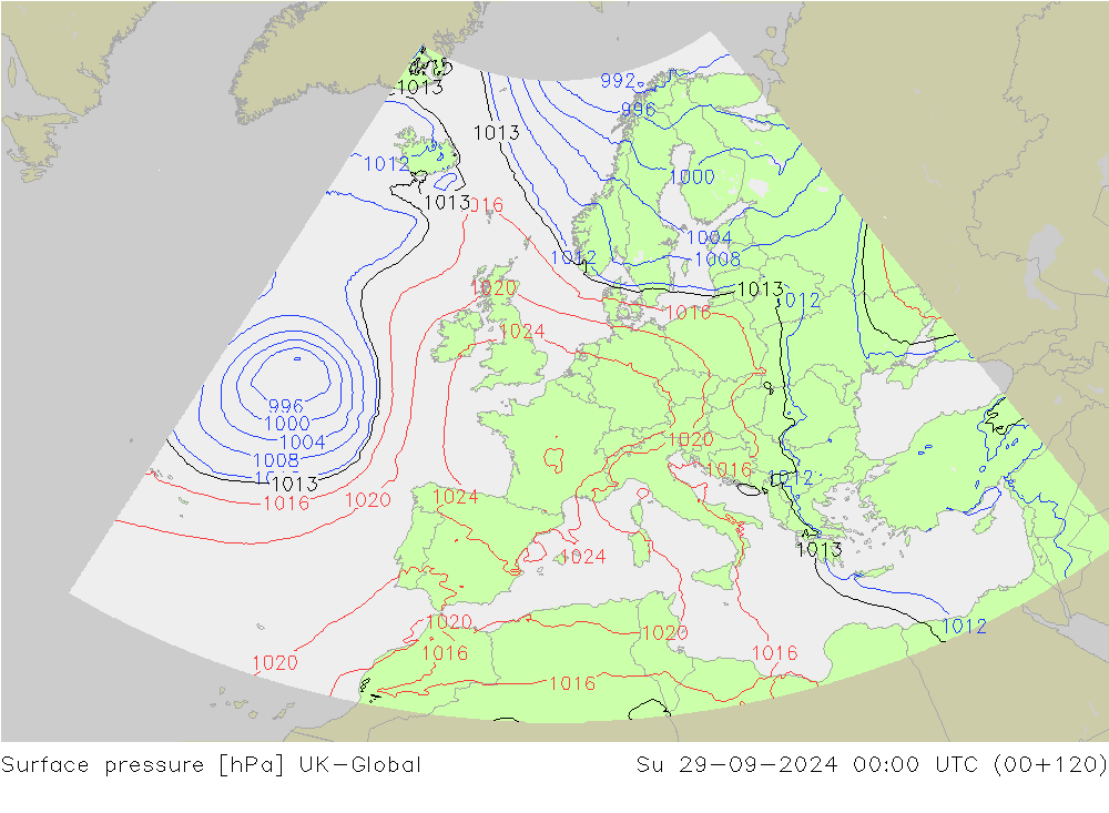 Surface pressure UK-Global Su 29.09.2024 00 UTC