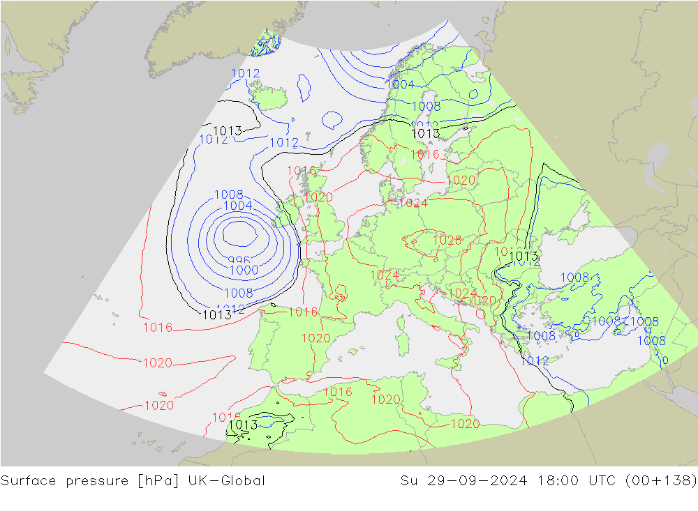 Surface pressure UK-Global Su 29.09.2024 18 UTC