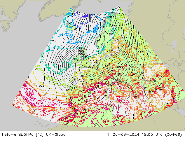 Theta-e 850гПа UK-Global чт 26.09.2024 18 UTC