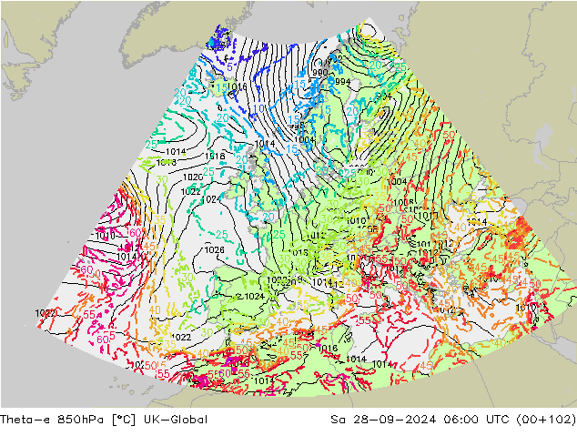 Theta-e 850hPa UK-Global Sa 28.09.2024 06 UTC