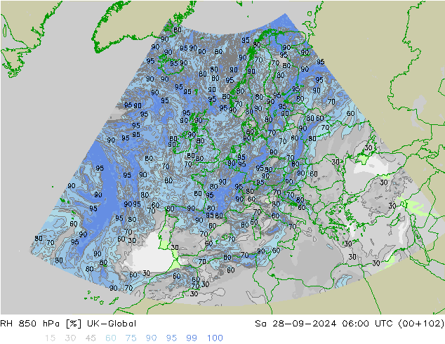 RH 850 hPa UK-Global Sa 28.09.2024 06 UTC