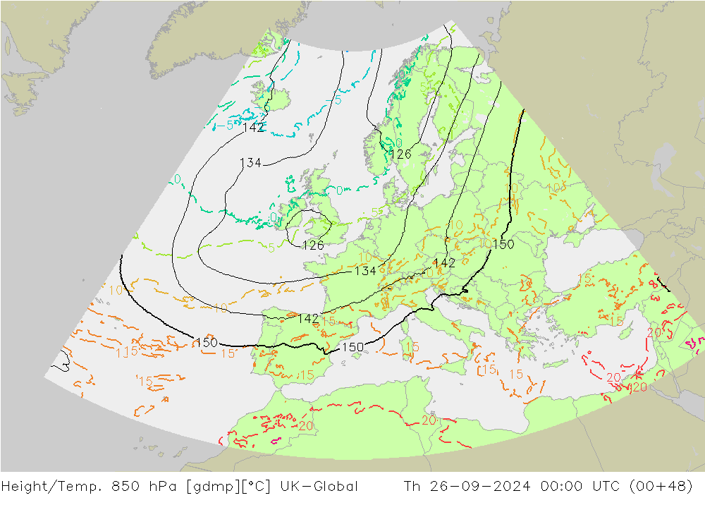 Height/Temp. 850 hPa UK-Global Th 26.09.2024 00 UTC