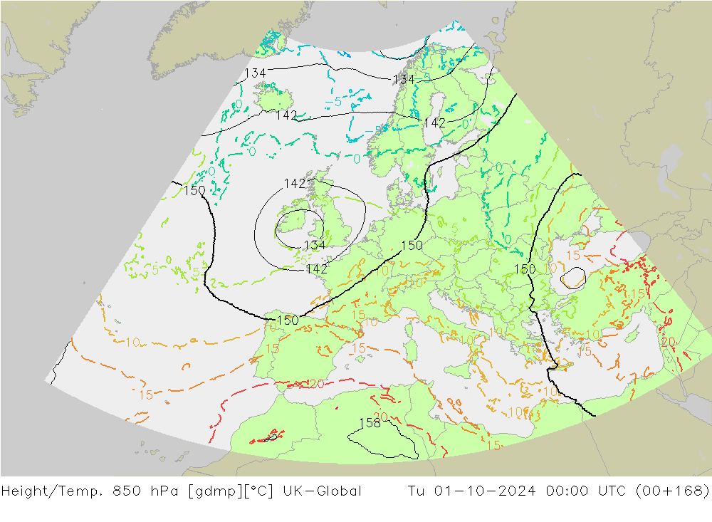 Height/Temp. 850 hPa UK-Global Di 01.10.2024 00 UTC