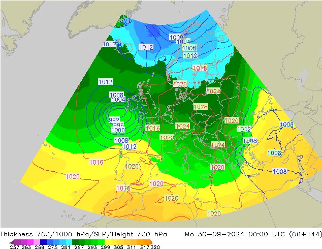 Thck 700-1000 hPa UK-Global lun 30.09.2024 00 UTC