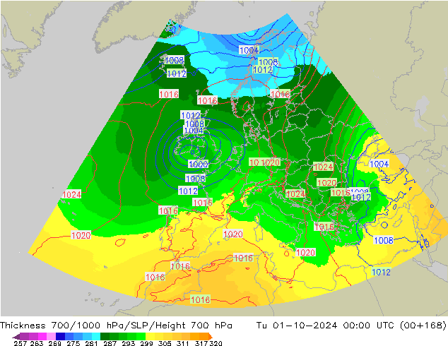Thck 700-1000 hPa UK-Global Tu 01.10.2024 00 UTC